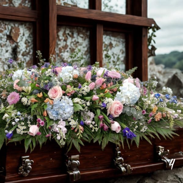 Large floral casket spray with pink, blue, and purple blooms