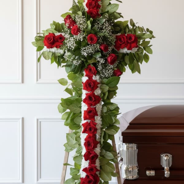 Red rose funeral cross arrangement on an easel beside a casket