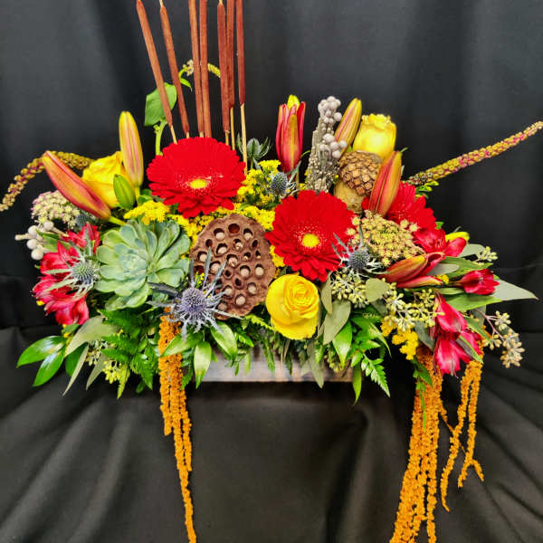 Fall Box Centerpiece with Cat Tails, Deluxe
