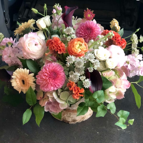 Mixed bouquet in a birch container with pink, white, orange, and purple flowers