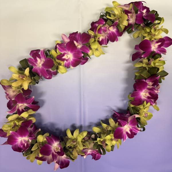Purple and yellow orchid lei on a light background