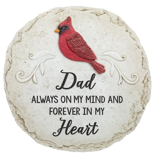 Round memorial plaque with a red cardinal and the word Dad