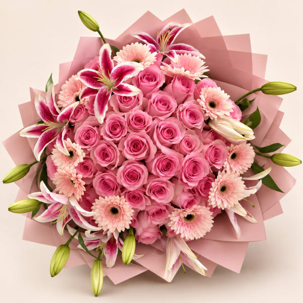 Pink rose bouquet with lilies and gerbera daisies wrapped in pink paper