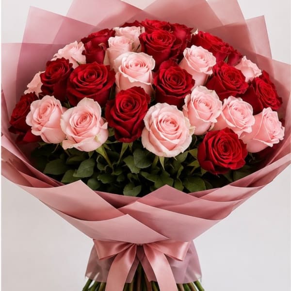 Bouquet of red and pale pink roses wrapped in pink paper