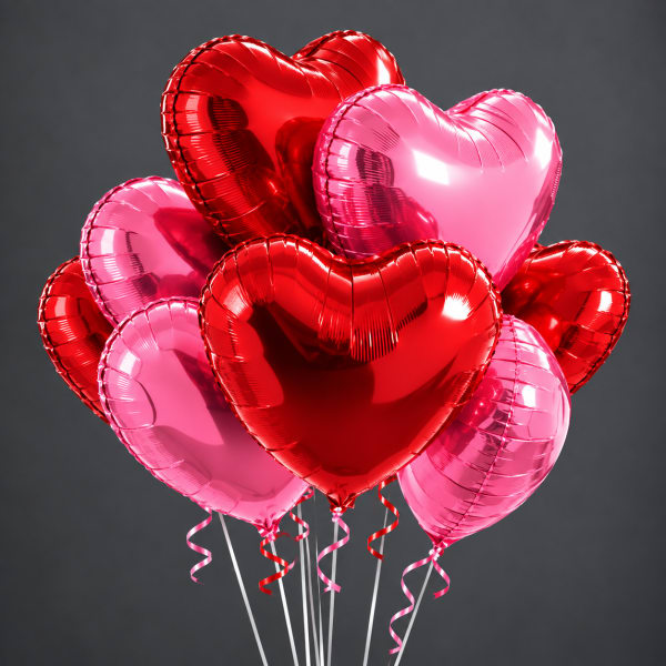 Cluster of red and pink heart-shaped balloons with curling ribbons