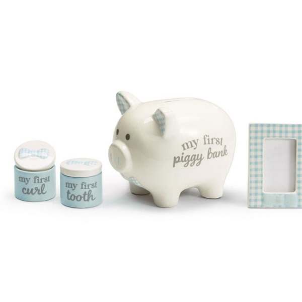 Baby keepsake set with a piggy bank, two small jars, and a photo frame