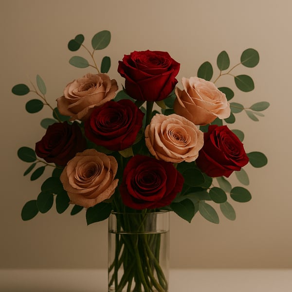 Bouquet of red and blush roses in a clear glass vase