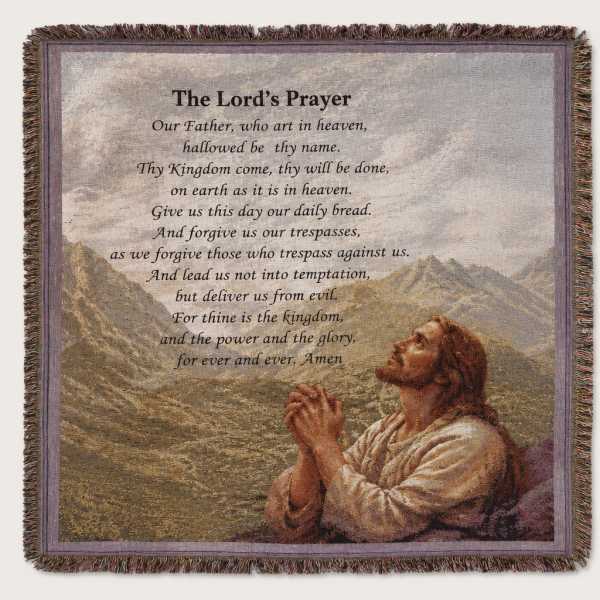 Fringed wall hanging with The Lord's Prayer text and a praying figure