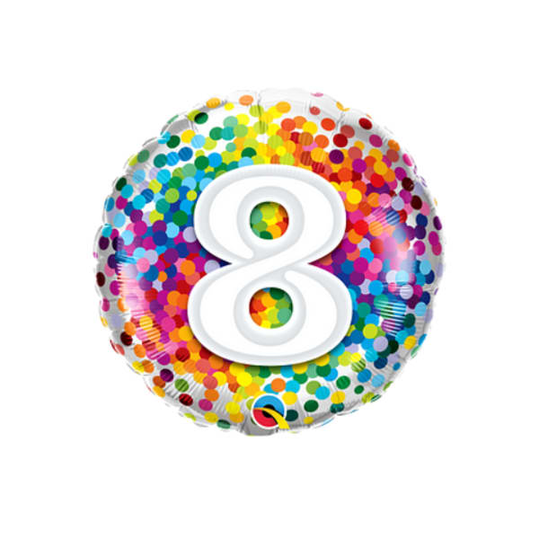 Round multicolor balloon with a large white number 8