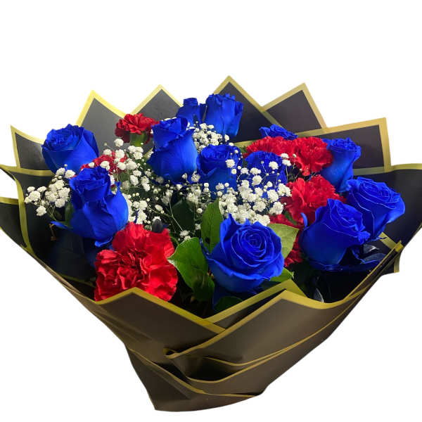 Bouquet of blue roses and red carnations with white baby's breath