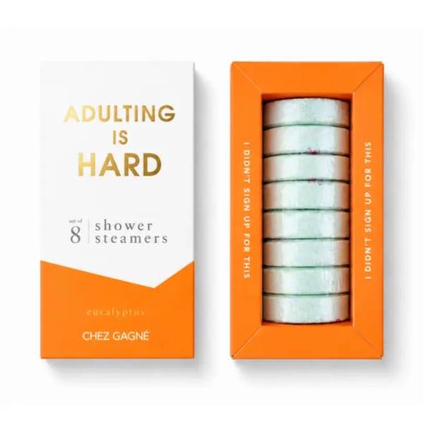 Boxed set of eucalyptus shower steamers in orange and white packaging