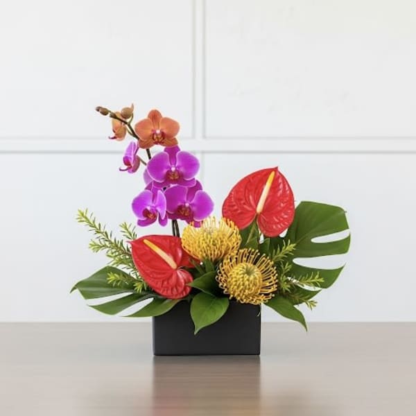 Tropical floral arrangement with orchids and red anthuriums in a black container