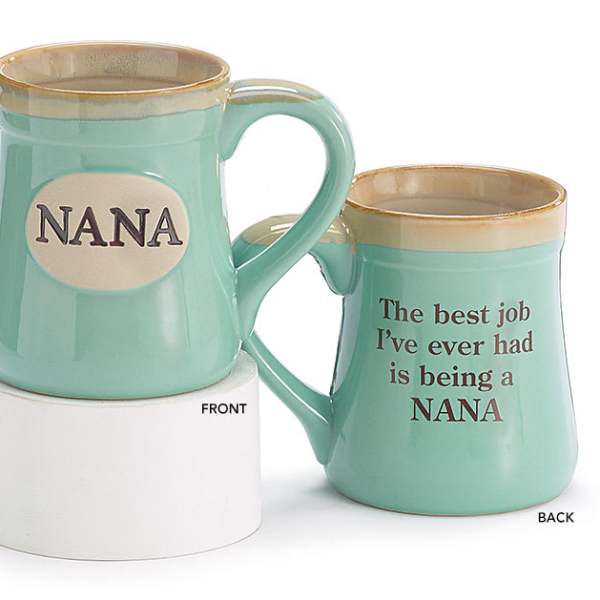 Pair of mint green ceramic mugs labeled Nana with sentimental text on front and back.