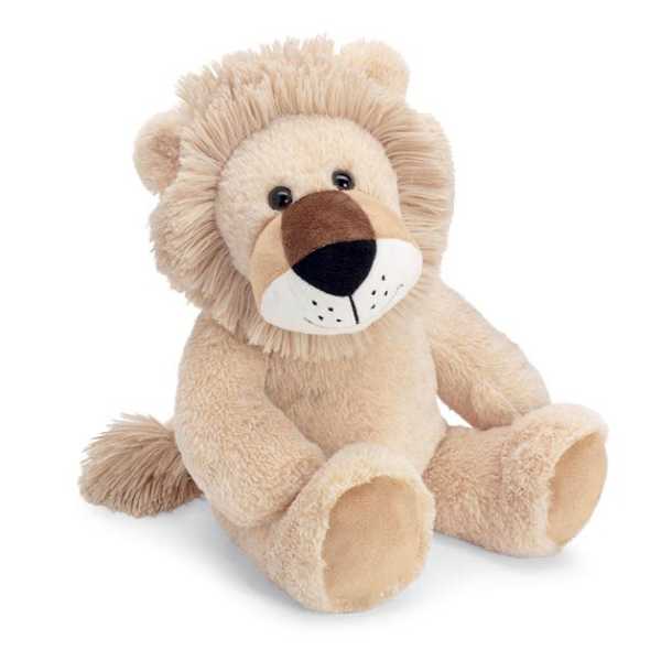 Soft beige plush lion toy with shaggy mane sitting against a white background