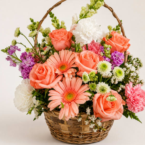 Basket arrangement of coral roses, pink daisies, and white blooms