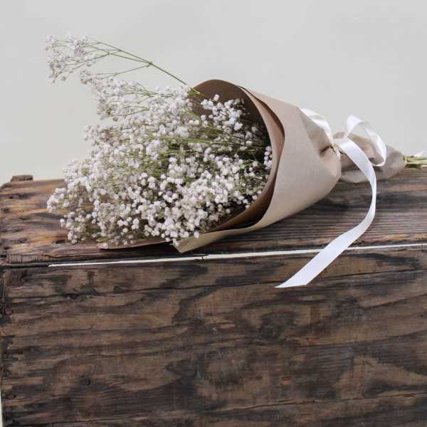 Bouquet of white baby's breath wrapped in brown paper with a white ribbon