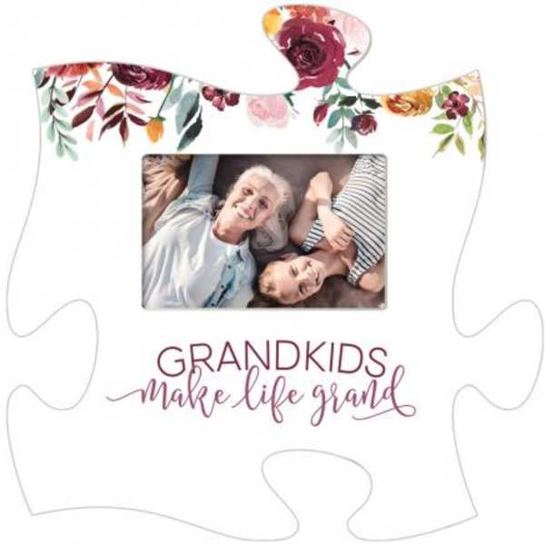 Floral puzzle-shaped photo frame with a family picture and "Grandkids make life grand" text