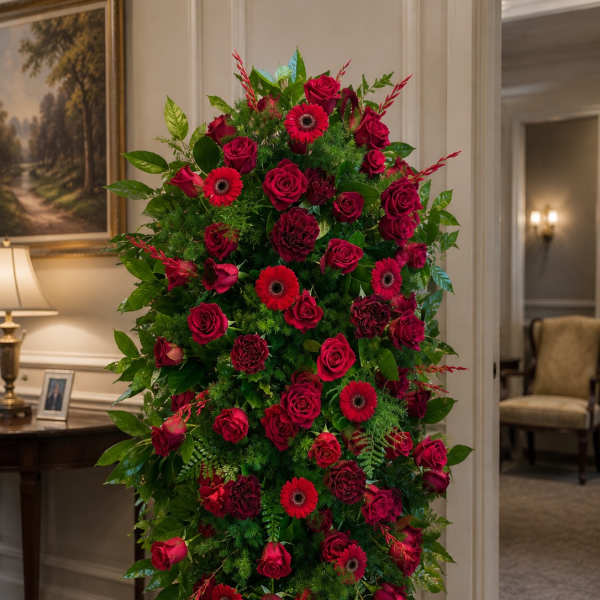 Tall standing floral spray with red roses and gerbera daisies