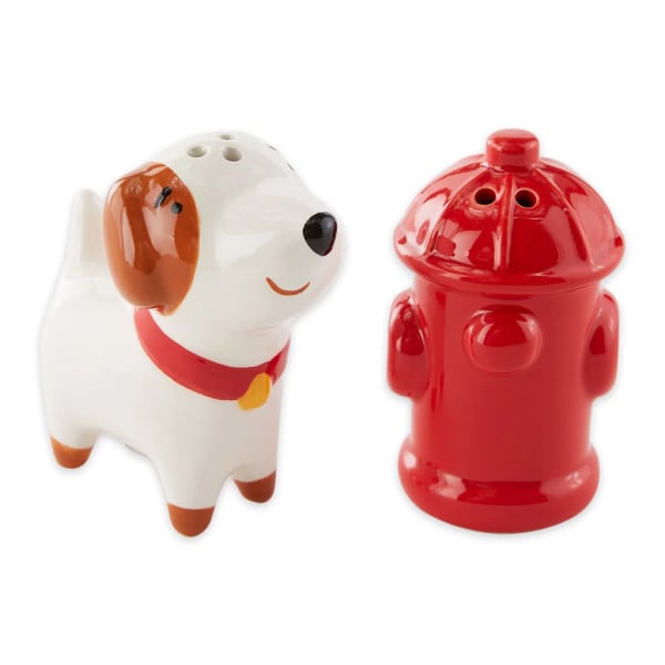 Ceramic dog and fire hydrant salt and pepper shakers