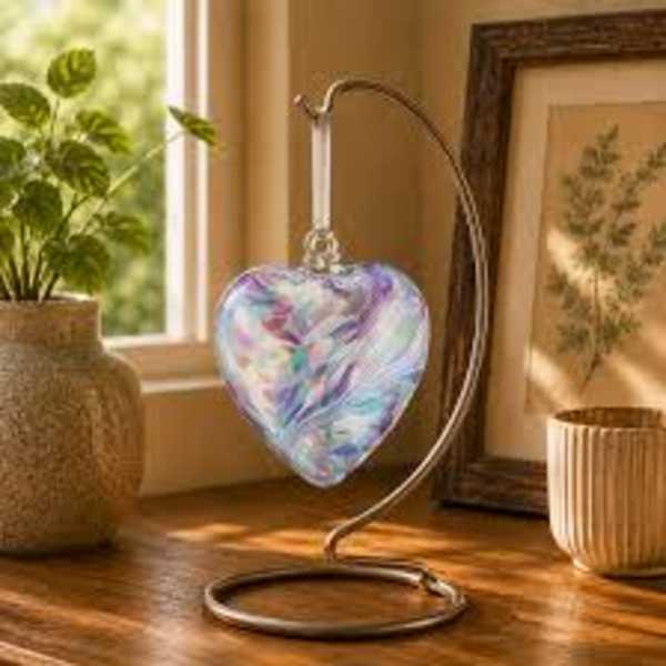 Heart-shaped iridescent glass ornament on a metal stand