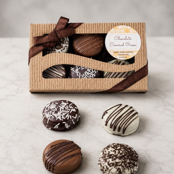 Box of chocolate-covered Oreos with four cookies shown outside the package.