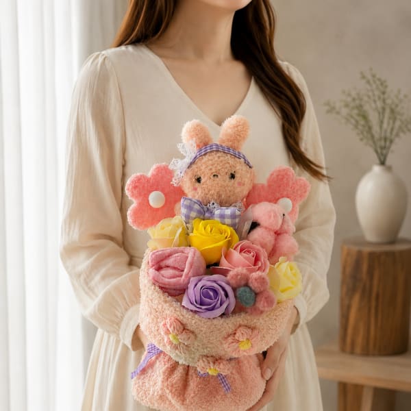 Woman holding a pastel bouquet with a plush bunny and roses