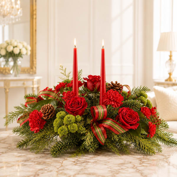 Red candle centerpiece with roses, carnations, pinecones, and ribbon