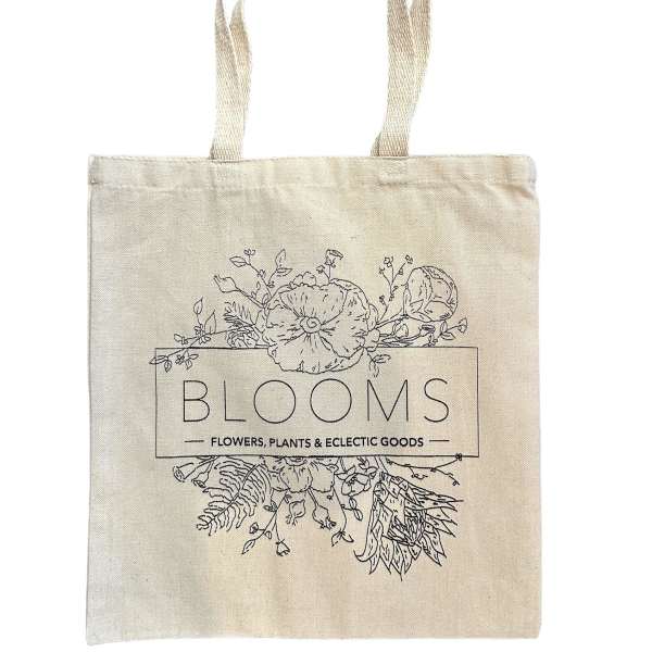 Canvas tote bag with floral line art and the word BLOOMS