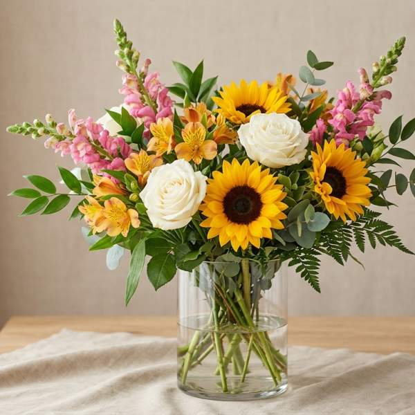 Bouquet of sunflowers, white roses, and pink snapdragons in a clear glass vase