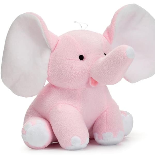 Pink plush elephant toy with large white ears