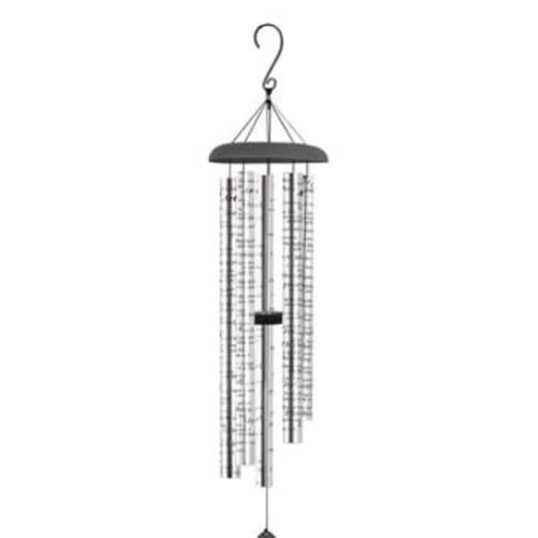 Black metal wind chime with a cross-shaped pendant