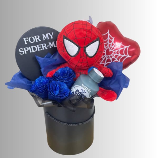 Spider-Man themed gift bouquet with balloons and blue roses in a black box