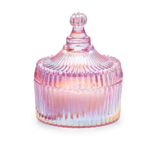 Pink iridescent ribbed glass jar candle with a rounded decorative lid