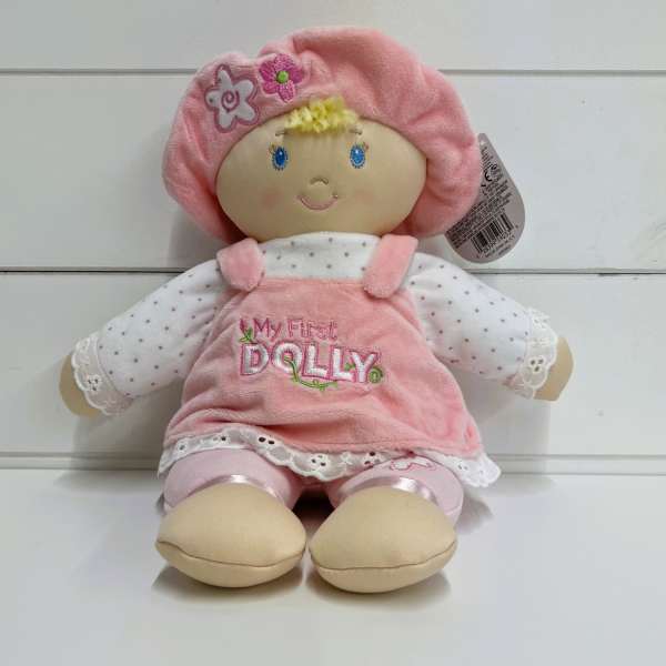 Plush doll in pink outfit with "My First Dolly" embroidery