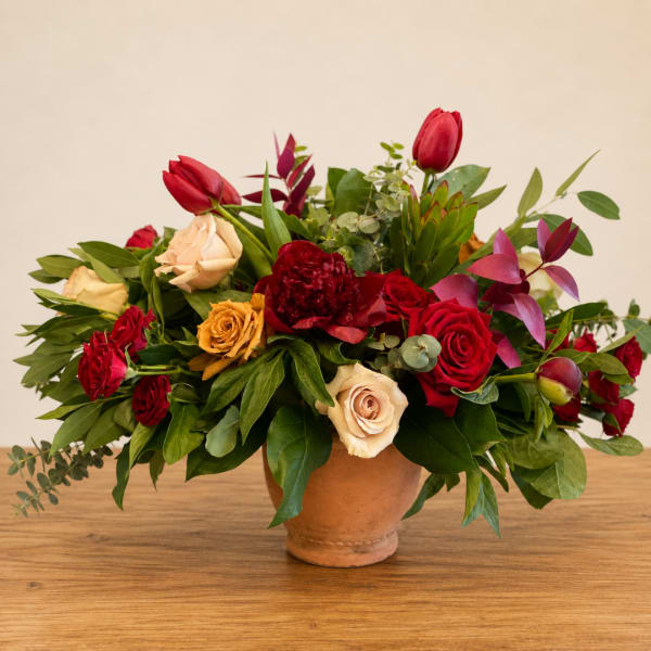 Mixed red and cream roses in a terracotta vase