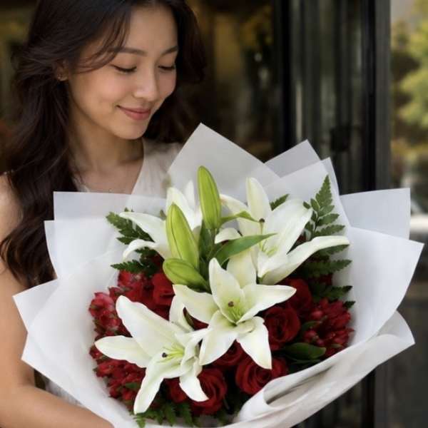 Woman holding a bouquet of white lilies and red roses wrapped in white paper