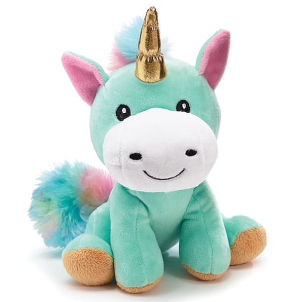 Plush unicorn toy with a gold horn and pastel mane