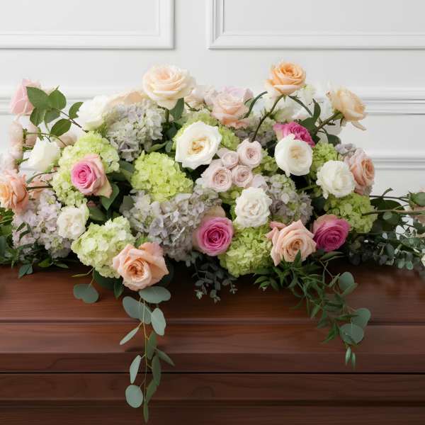 Casket spray with pastel roses, hydrangeas, and trailing greenery