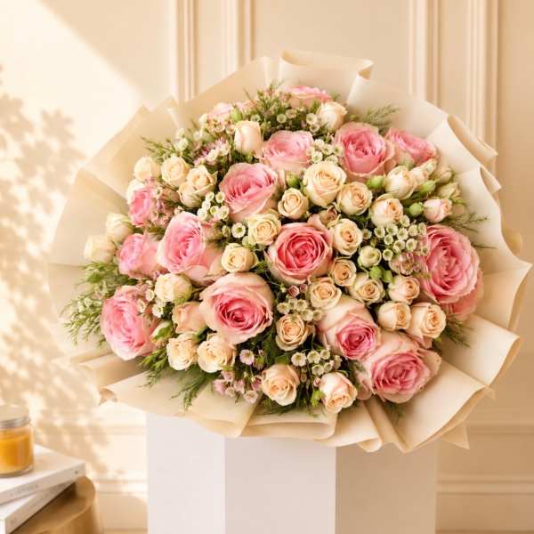 Bouquet of pink and cream roses wrapped in beige paper