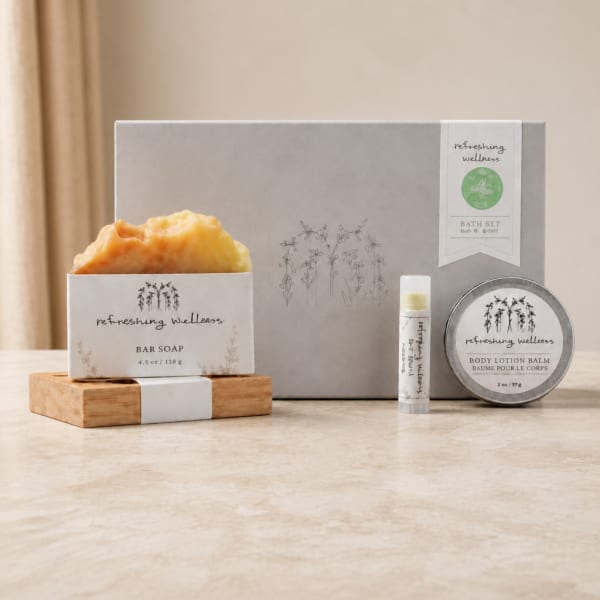 Bath and body gift set with soap, balm, and lip balm in a gray box