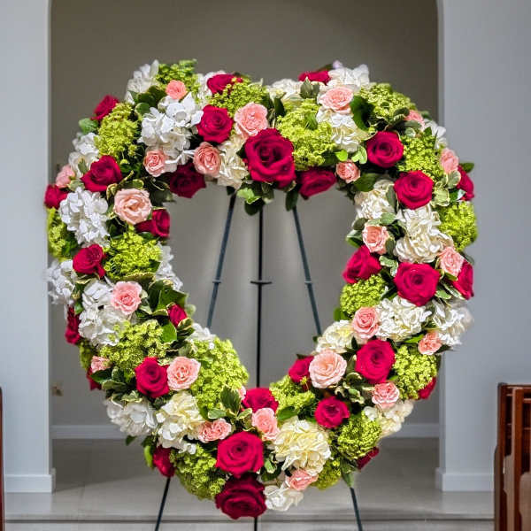Condolences From The Heart – Hot Pink Rose & Hydrangea Standing Wreath