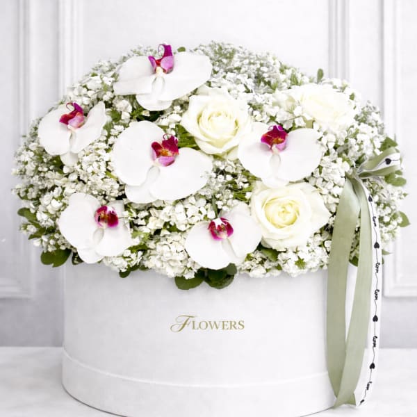 White roses and orchids arranged in a round white box with a ribbon