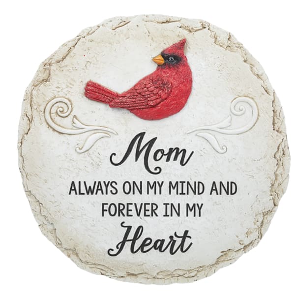 Round memorial stone with a red cardinal and the words "Mom Always on my mind and forever in my heart"