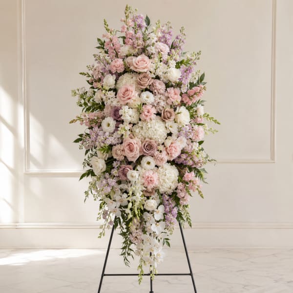 Tall pastel floral standing spray on an easel