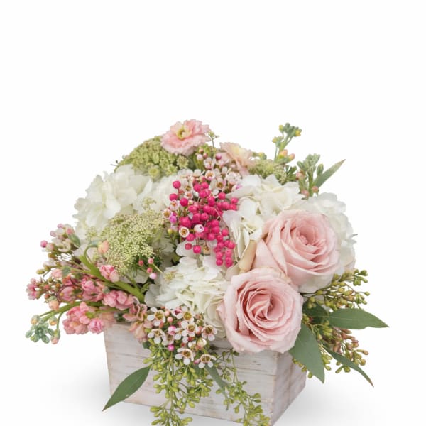 Pink roses and white hydrangeas in a white wooden box