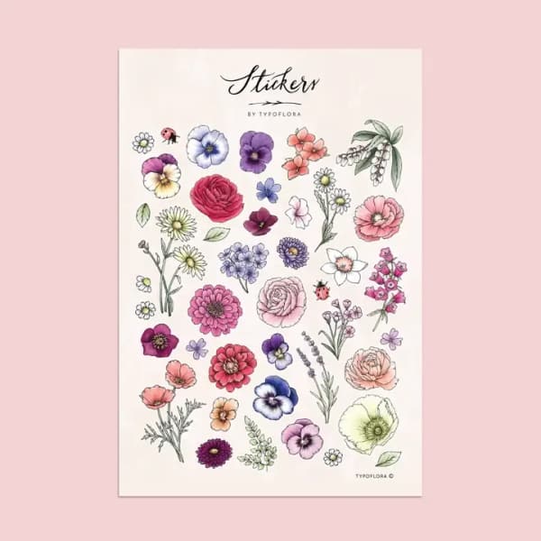 Sheet of floral stickers with assorted colorful blossoms