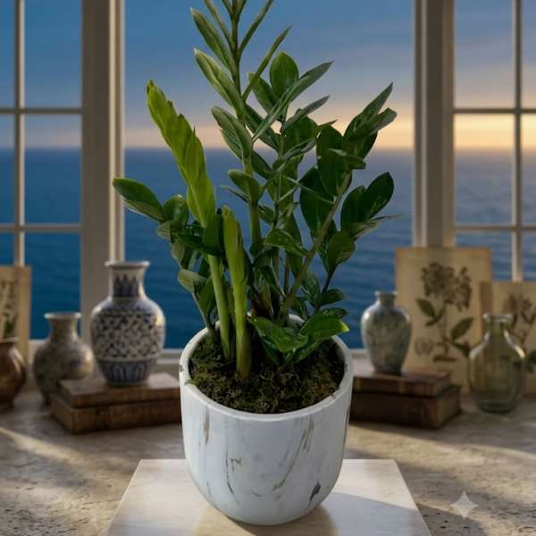 Potted green plant in a white ceramic container