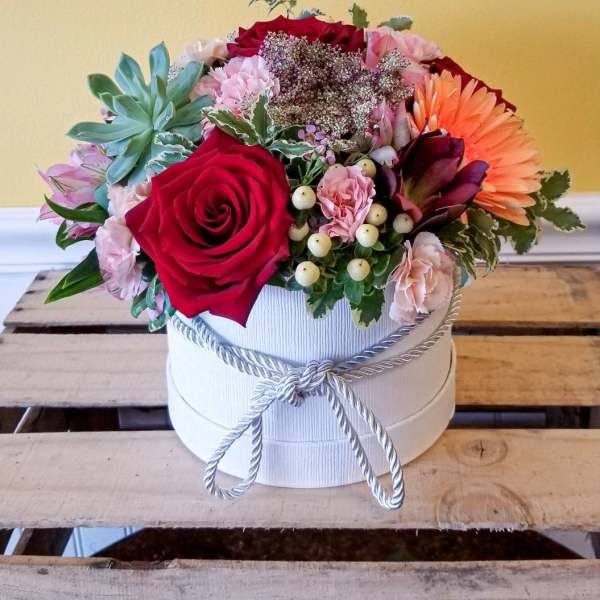 Mixed flower arrangement in a white round box with a rope bow