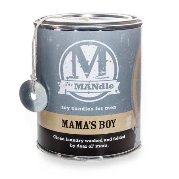 Labeled candle in a metal tin with a hanging tag