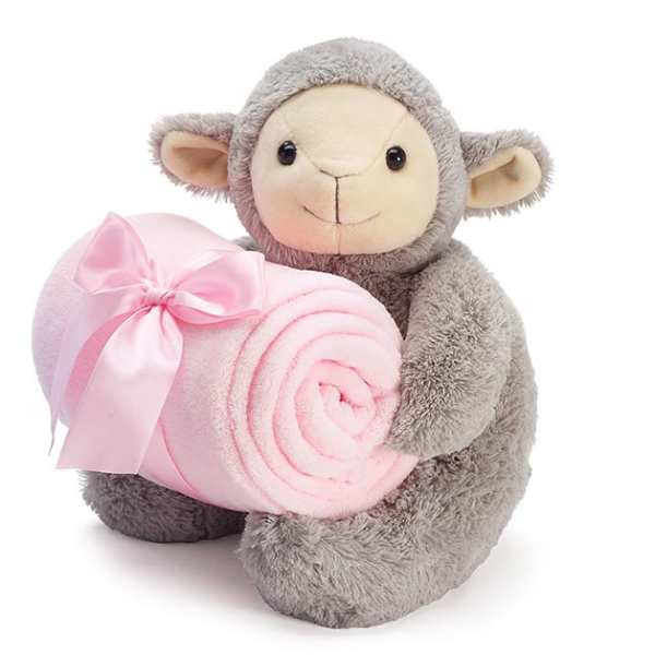 Plush gray lamb holding a pink rolled blanket with a ribbon